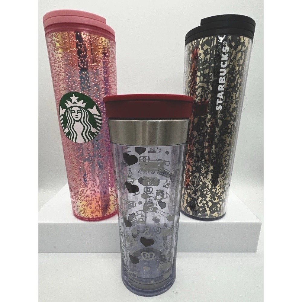 3 Starbucks Tumbler Lot 2009 Retro 12oz, 2 16oz Black Gold Foil & Pink Bubbles